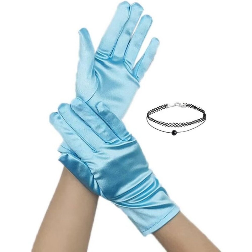 Women's Evening Light Blue Short Satin Lace Gloves Gothic Choker Necklace Design